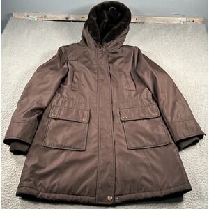 Andrew Marc Jacket Coat Women Medium Brown Polyester Faux Fur Lined Hood Jacket